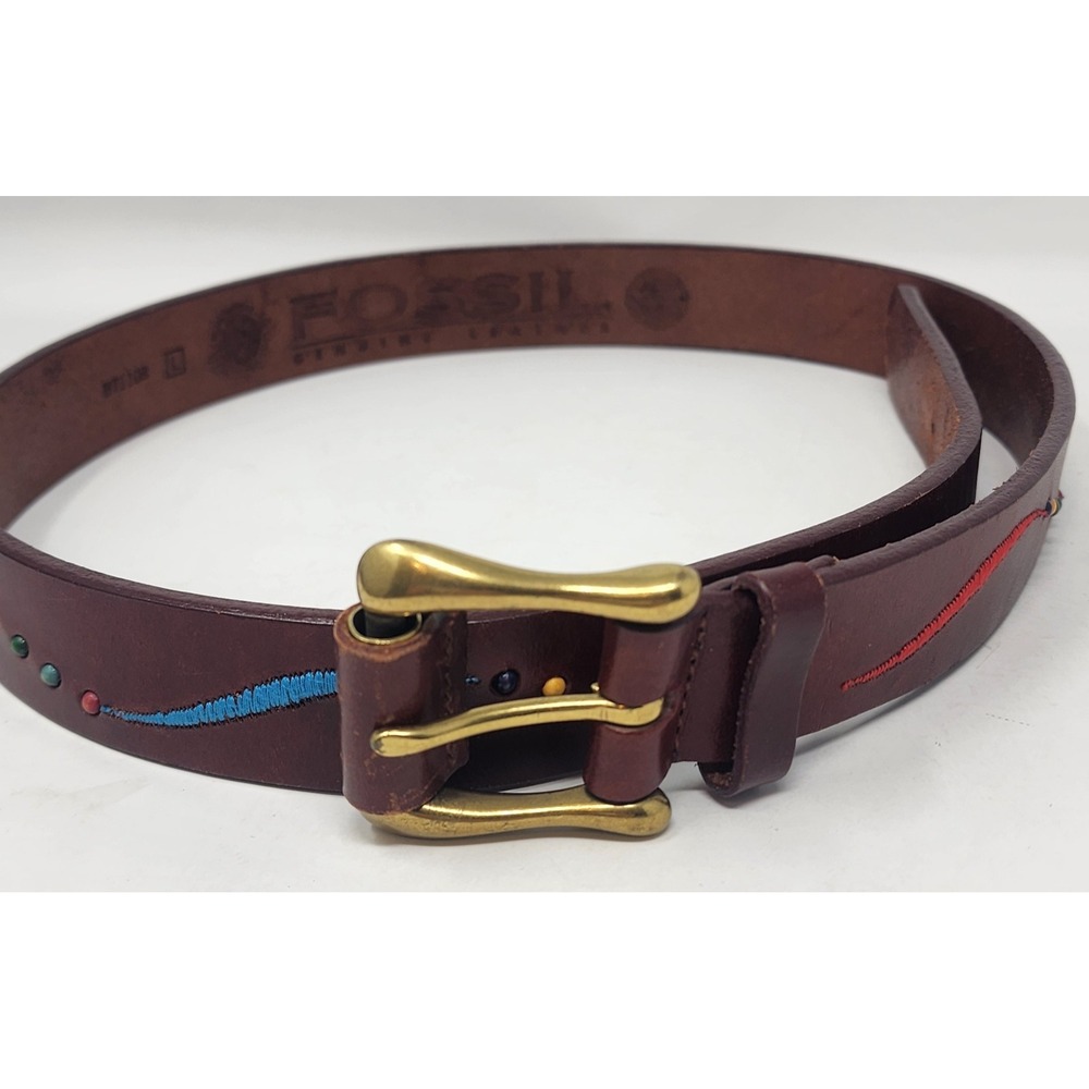 Fossil Genuine Leather Belt Women's Lβ Brown Embroidered Brass Buckle Beaded